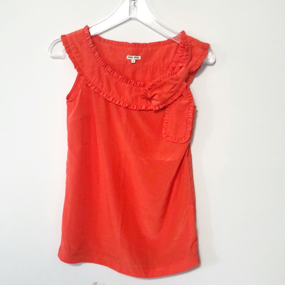 Miu miu orange top ruffle sleeveless in tangerine orange bow detail